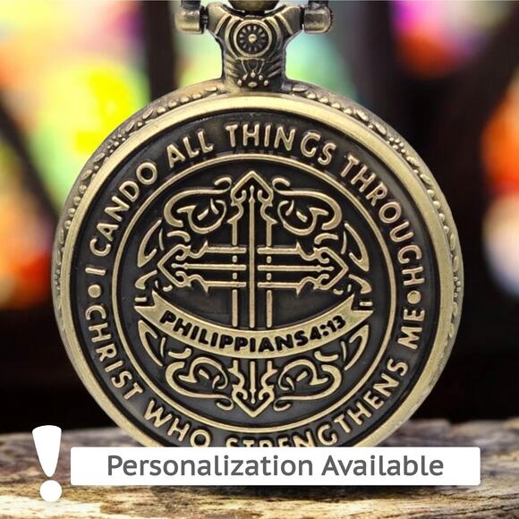 Philippians 4:13 Pocket Watch – Inspirational Scripture, Christian Bible Gift - Picture 1 of 9